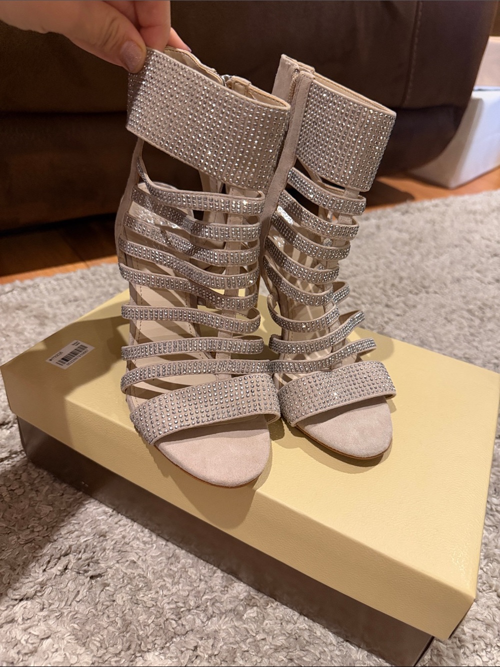 Women's Strappy Rhinestone Heeled Sandals — Nude